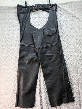 Vintage MOB Black Genuine Leather Motorcycle Chaps Size Large Braided Biker